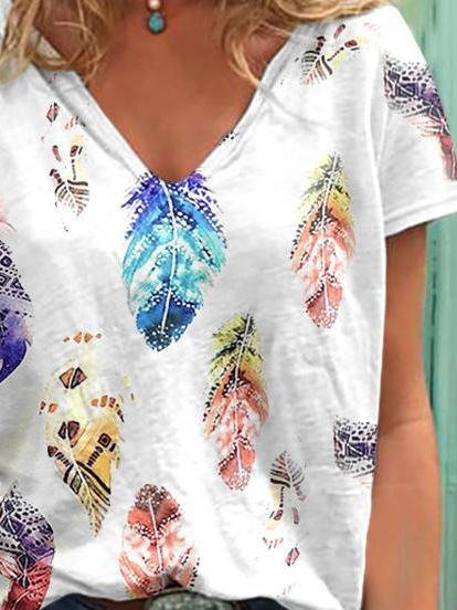 V-Neck Short Sleeve Feather Print Casual T-Shirt Ins Street