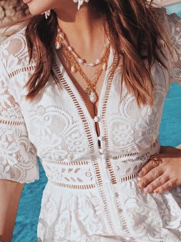 V-neck Short Sleeve Hollow Lace Dress Ins Street