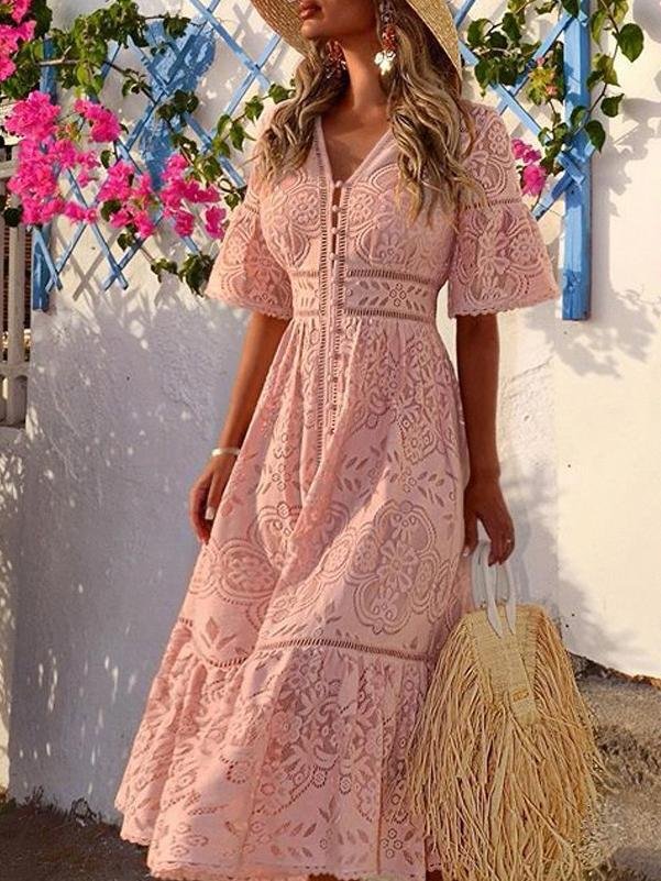 V-neck Short Sleeve Hollow Lace Dress Ins Street