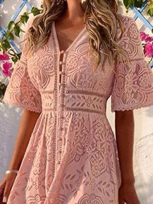 V-neck Short Sleeve Hollow Lace Dress Ins Street