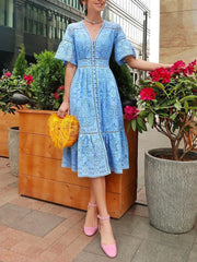 V-neck Short Sleeve Hollow Lace Dress Ins Street