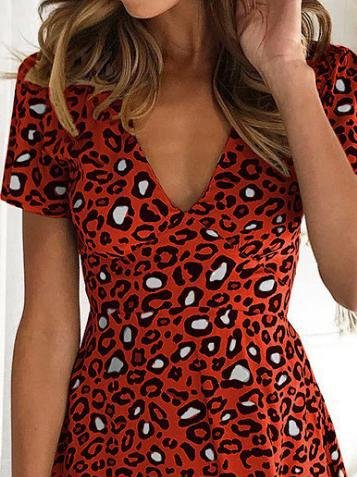 V-Neck Short Sleeve Leopard Print Dress Ins Street