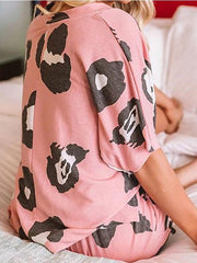 V-Neck Short Sleeve Leopard Print Loungewear Two-Piece Suit Ins Street