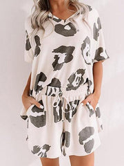 V-Neck Short Sleeve Leopard Print Loungewear Two-Piece Suit Ins Street