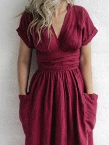 V-neck Short Sleeve Pocket Solid Color Dress Ins Street