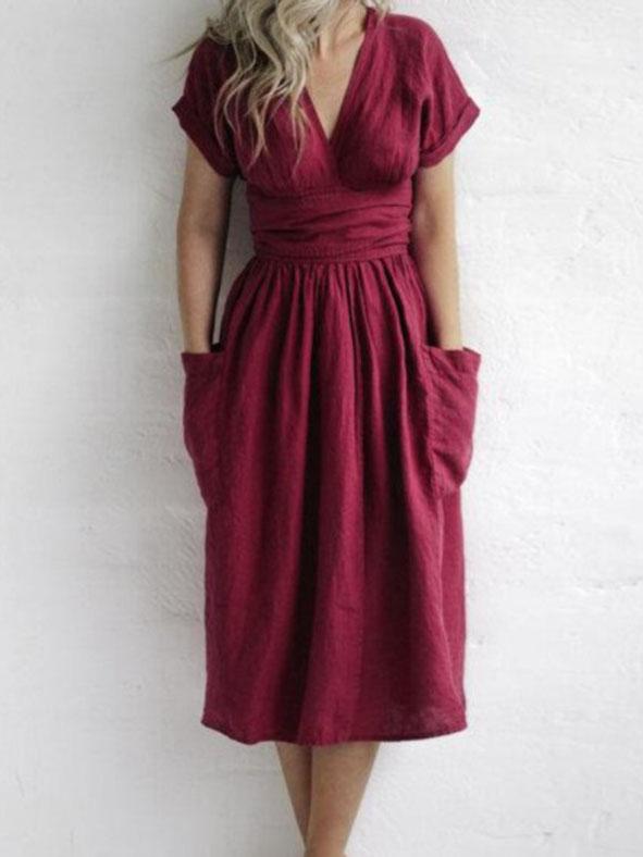 V-neck Short Sleeve Pocket Solid Color Dress Ins Street