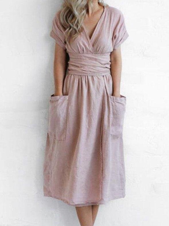 V-neck Short Sleeve Pocket Solid Color Dress Ins Street