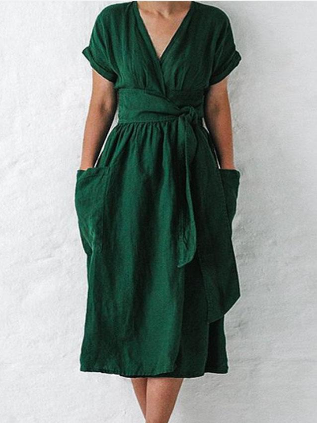 V-neck Short Sleeve Pocket Solid Color Dress Ins Street