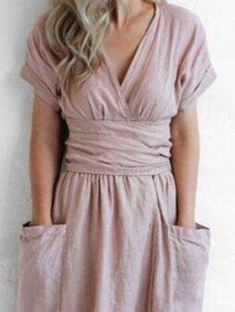 V-neck Short Sleeve Pocket Solid Color Dress Ins Street