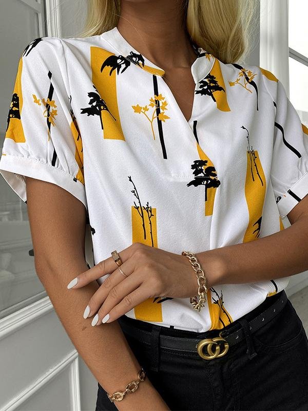 V-neck Short Sleeve Printed Casual Blouses Ins Street