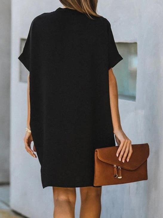V-neck Short Sleeve Solid Color Loose Dress Ins Street