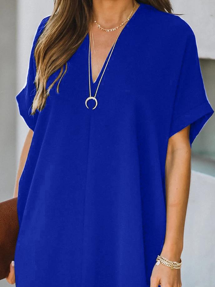 V-neck Short Sleeve Solid Color Loose Dress Ins Street