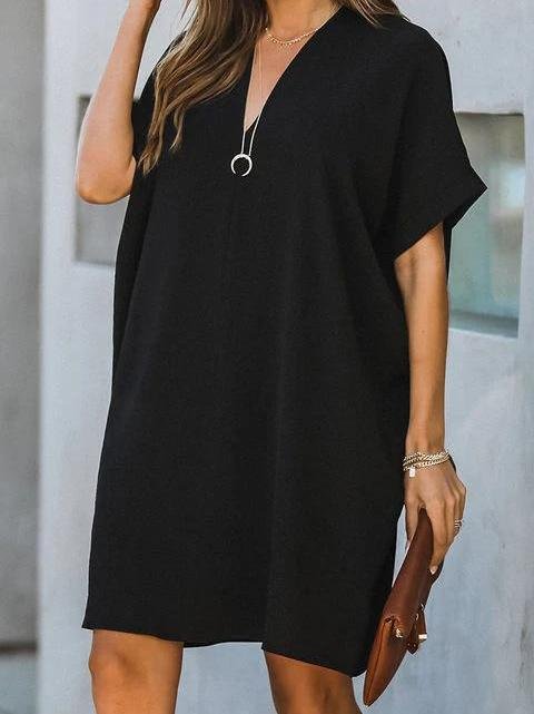 V-neck Short Sleeve Solid Color Loose Dress Ins Street