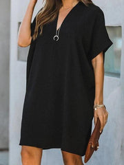 V-neck Short Sleeve Solid Color Loose Dress Ins Street