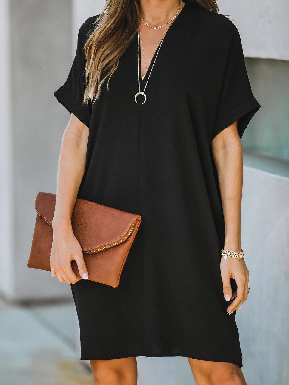 V-neck Short Sleeve Solid Color Loose Dress Ins Street
