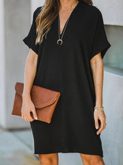 V-neck Short Sleeve Solid Color Loose Dress Ins Street