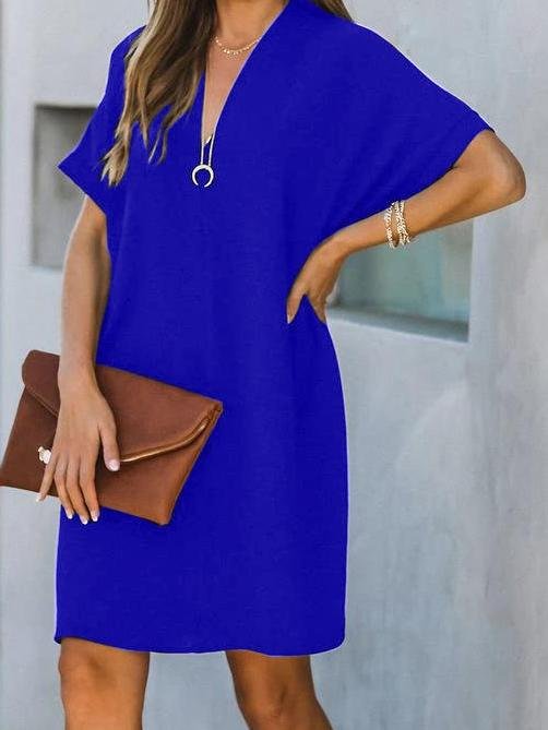 V-neck Short Sleeve Solid Color Loose Dress Ins Street