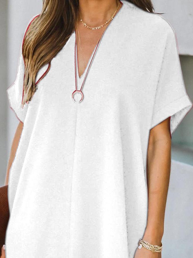 V-neck Short Sleeve Solid Color Loose Dress Ins Street