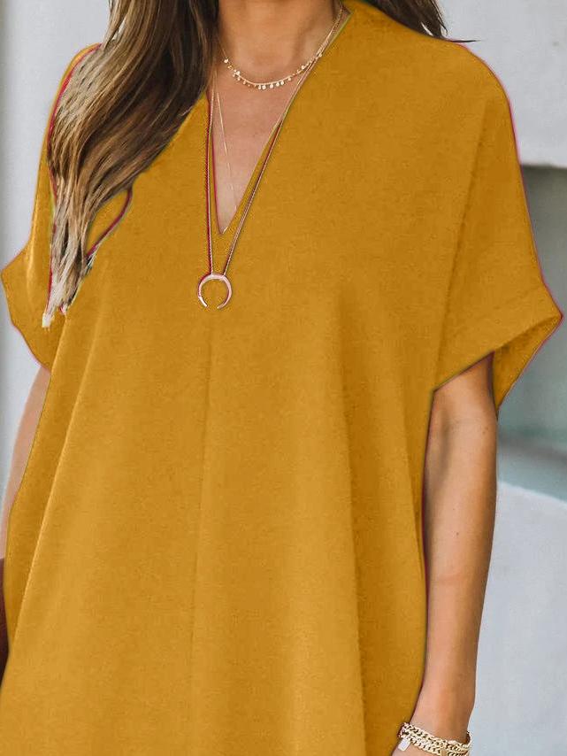 V-neck Short Sleeve Solid Color Loose Dress Ins Street