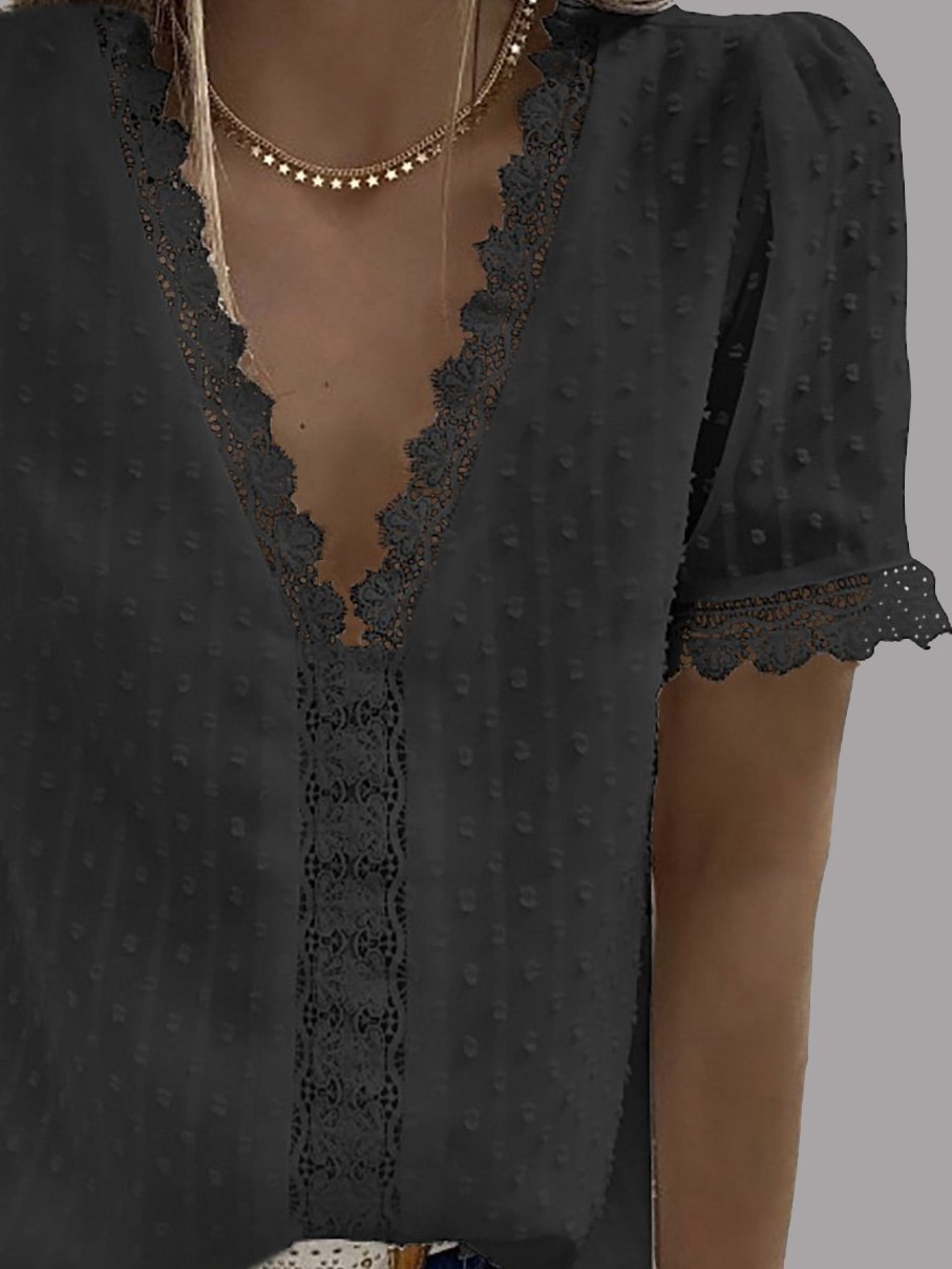 V-neck Short Sleeve Splicing Lace Chiffon Blouses Ins Street