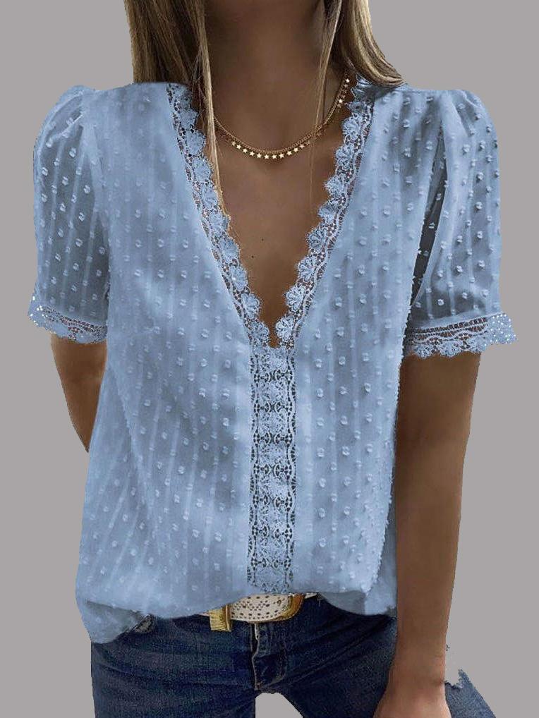 V-neck Short Sleeve Splicing Lace Chiffon Blouses Ins Street