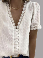 V-neck Short Sleeve Splicing Lace Chiffon Blouses Ins Street