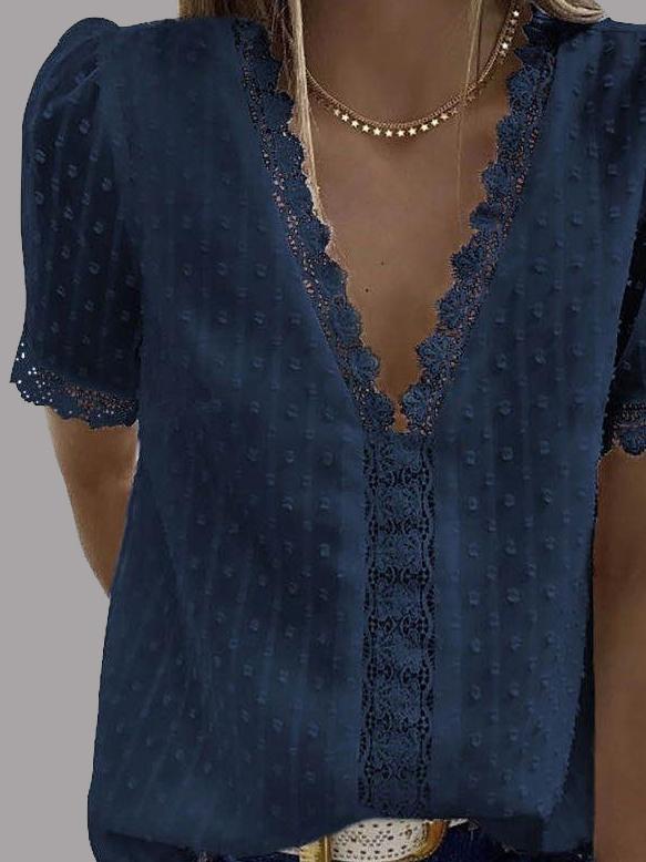 V-neck Short Sleeve Splicing Lace Chiffon Blouses Ins Street