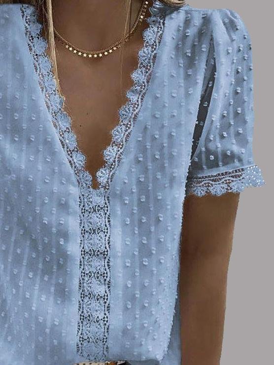 V-neck Short Sleeve Splicing Lace Chiffon Blouses Ins Street