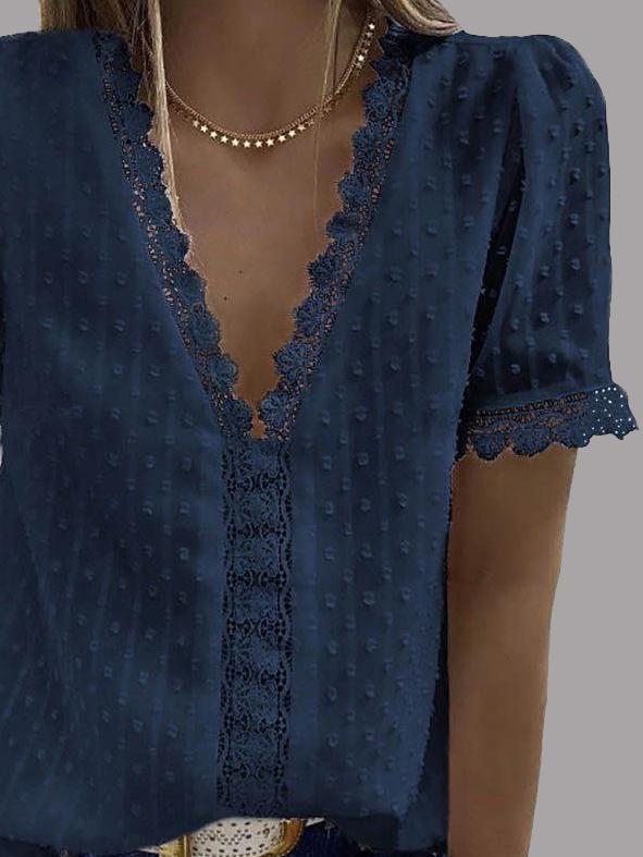 V-neck Short Sleeve Splicing Lace Chiffon Blouses Ins Street