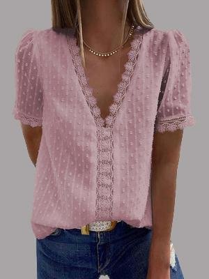 V-neck Short Sleeve Splicing Lace Chiffon Blouses Ins Street