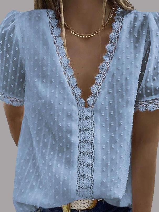 V-neck Short Sleeve Splicing Lace Chiffon Blouses Ins Street