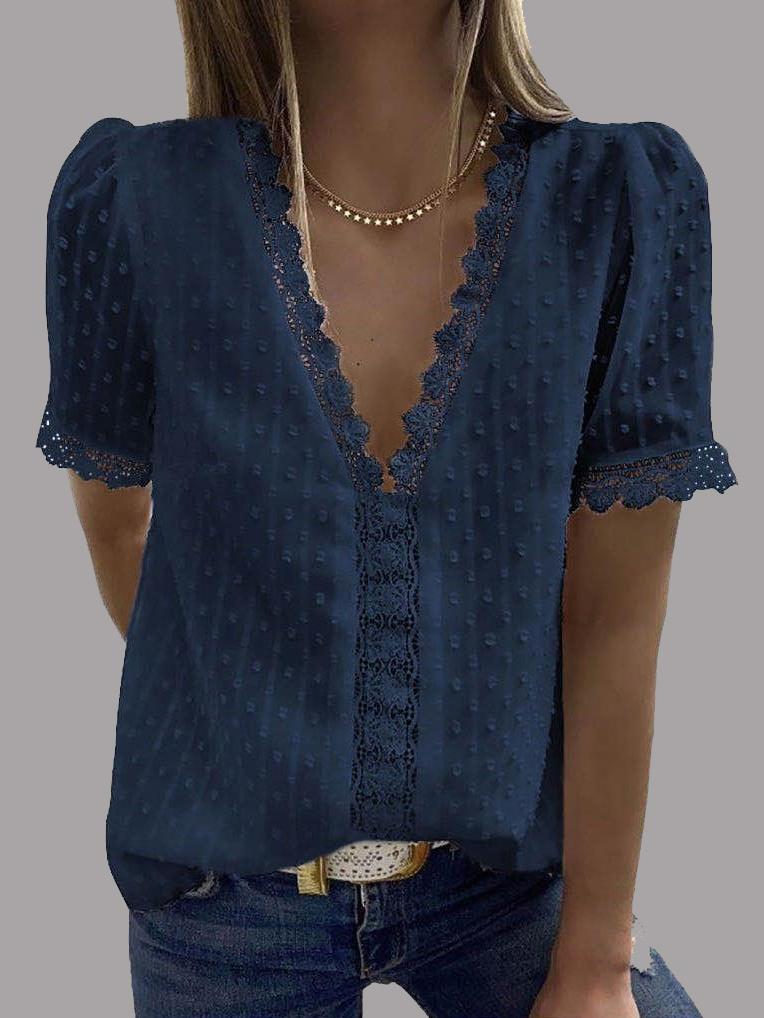 V-neck Short Sleeve Splicing Lace Chiffon Blouses Ins Street