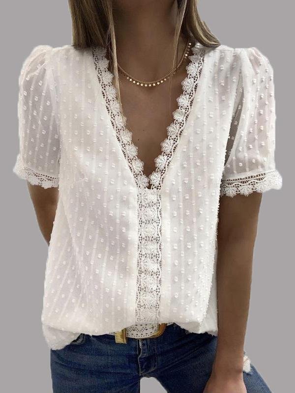 V-neck Short Sleeve Splicing Lace Chiffon Blouses Ins Street