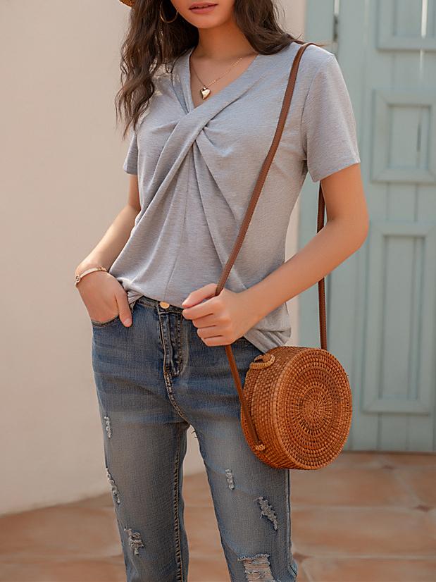 V-neck Short-sleeved Knotted Casual T-shirt Ins Street