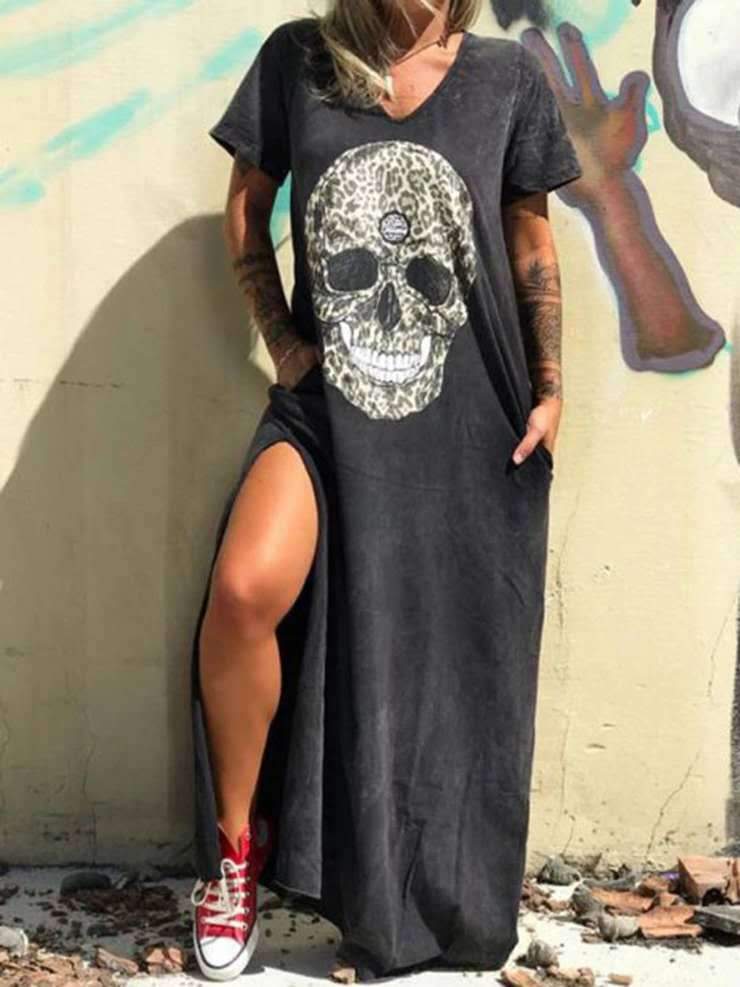 V-neck Short-sleeved Skull Print Slit T-shirt Dress Ins Street