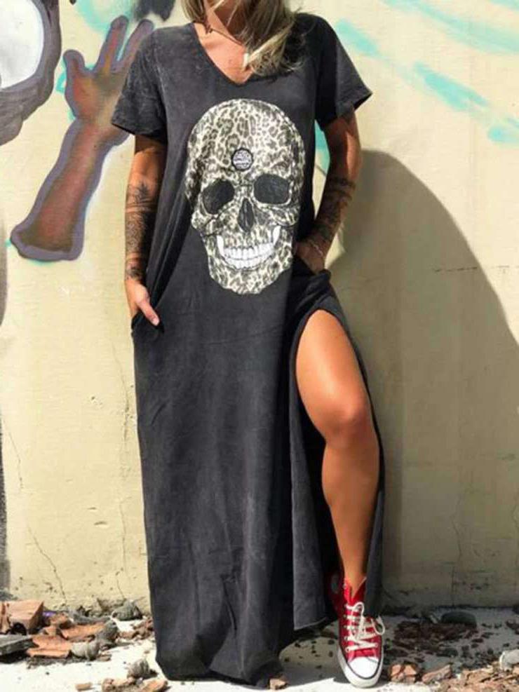 V-neck Short-sleeved Skull Print Slit T-shirt Dress Ins Street