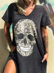 V-neck Short-sleeved Skull Print Slit T-shirt Dress Ins Street