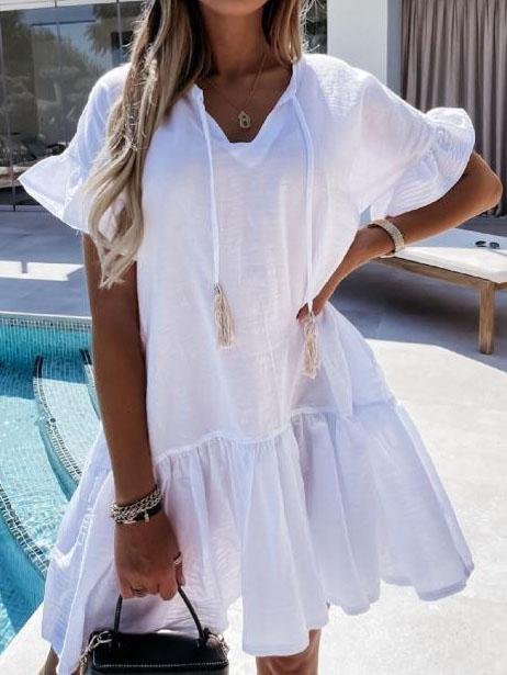 V-neck Short-sleeved Solid Color Short Dress Ins Street