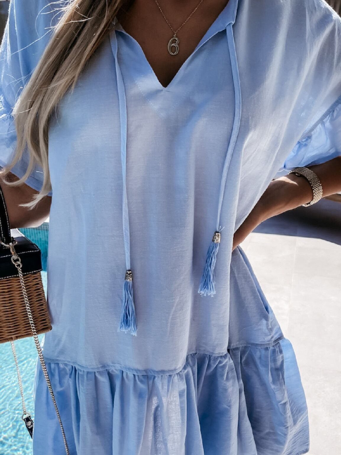 V-neck Short-sleeved Solid Color Short Dress Ins Street