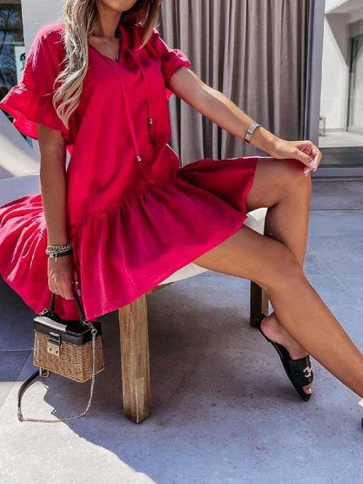 V-neck Short-sleeved Solid Color Short Dress Ins Street