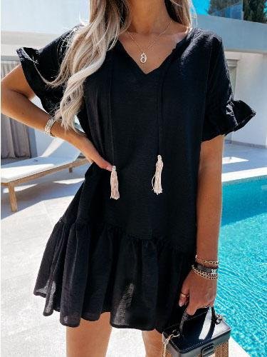 V-neck Short-sleeved Solid Color Short Dress Ins Street