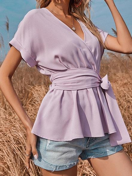 V-neck Short-sleeved Solid Loose Blouse Ins Street