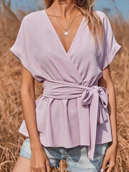 V-neck Short-sleeved Solid Loose Blouse Ins Street