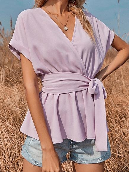 V-neck Short-sleeved Solid Loose Blouse Ins Street