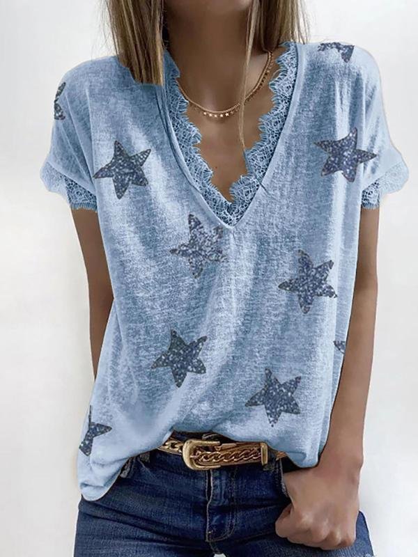 V-neck Short-sleeved Star Print Lace T-shirt Ins Street