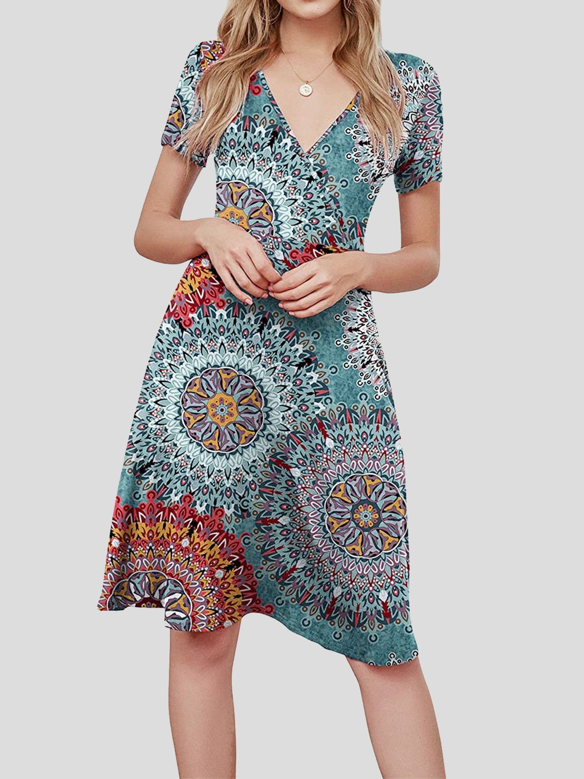 V-neck Short-sleeved Sun Flower Print Dress Ins Street