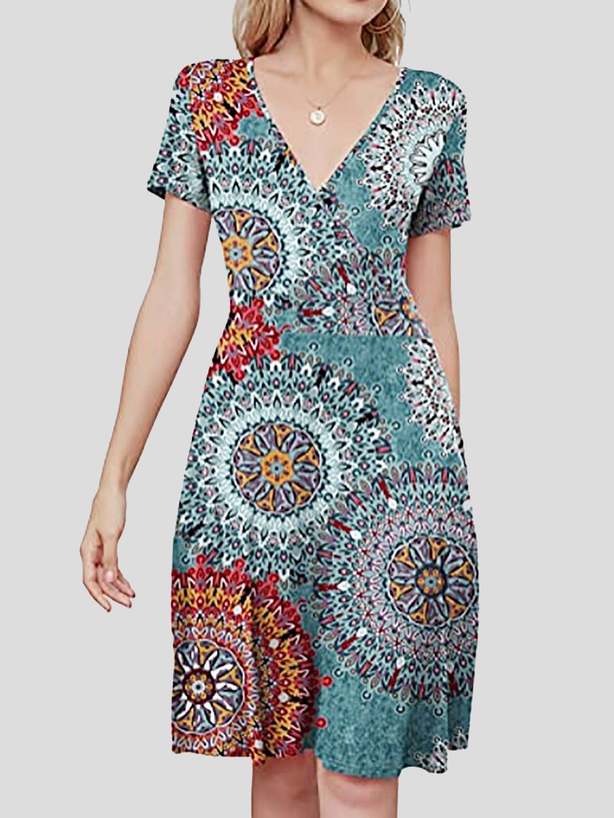 V-neck Short-sleeved Sun Flower Print Dress Ins Street