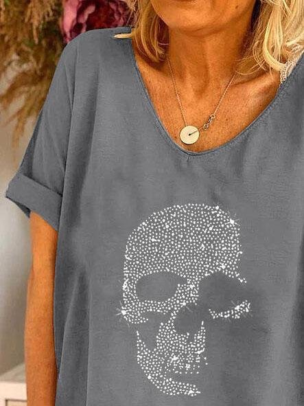 V-neck Skull Print Loose Short Sleeve T-shirt Ins Street