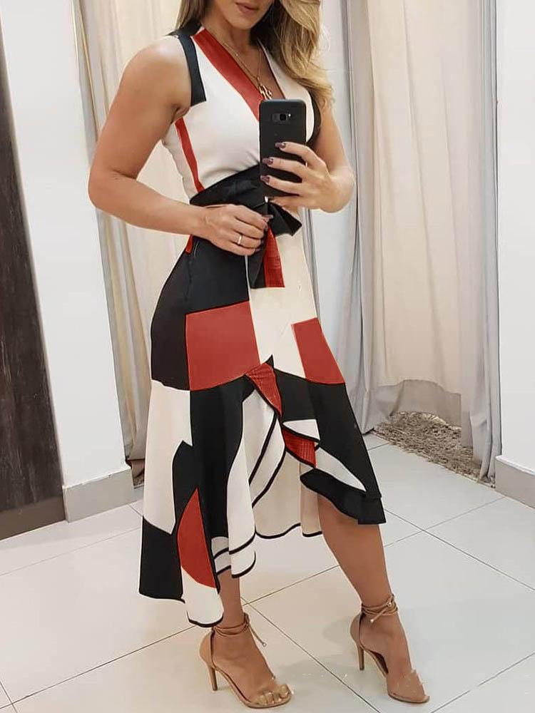 V-neck Sleeveless Contrast Print Ladies Dress Ins Street