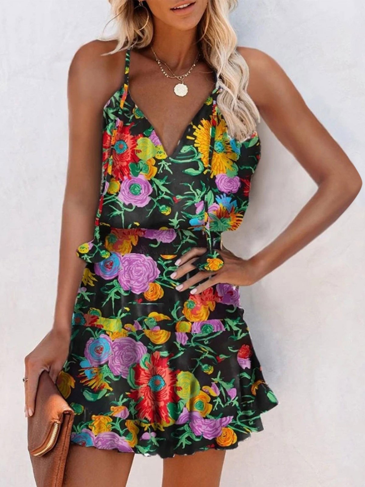 V-Neck Sleeveless Floral Print Suspender Dress Ins Street